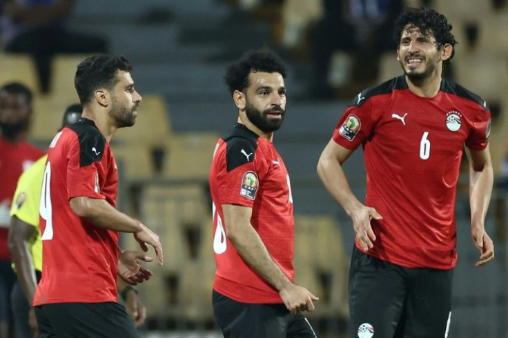 Mohamed Salah (C) celebrates after Egypt scored against Sudan