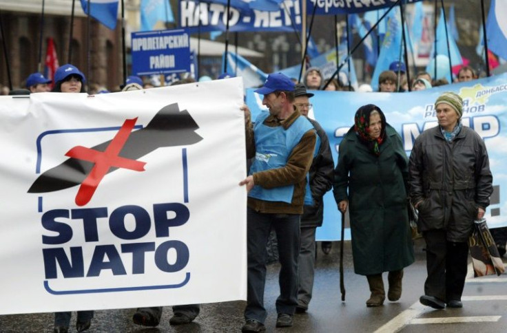 Pro-Russian demonstrators in the eastern Ukrainian city of Donetsk, later hit by insurgency, protest against Ukraine's potential entry into NATO amidst a 2008 summit in Bucharest