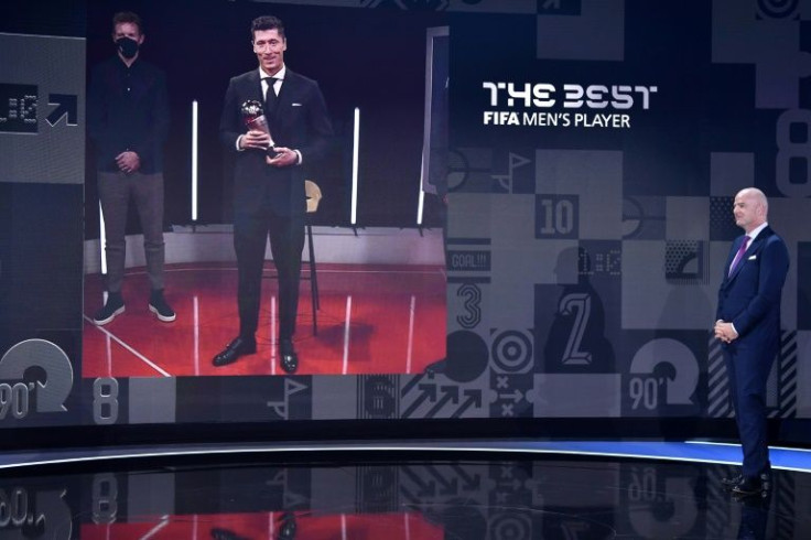 Robert Lewandowski (on screen) was named FIFA 'The Best' men's player of 2021 on Monday