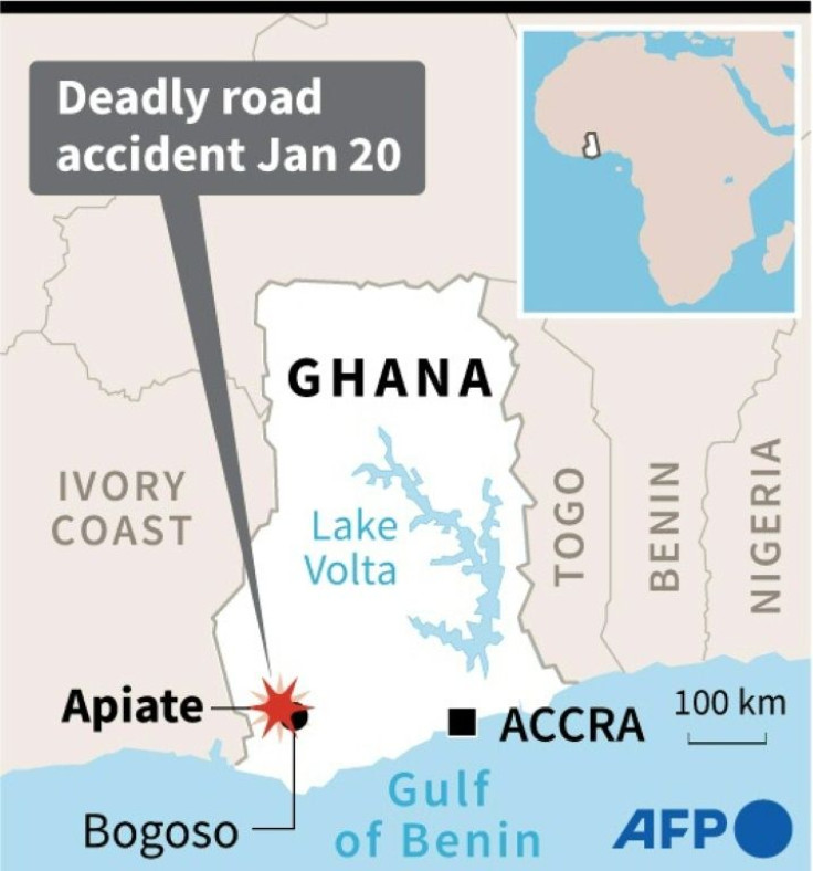 Map of Ghana, locating Apiate, some 300 km west of the capital Accra, where a truck carrying explosives collided with a motorcycle on Thursday, causing an immense explosion and a huge "loss of lives", according to the Ghanaian president.