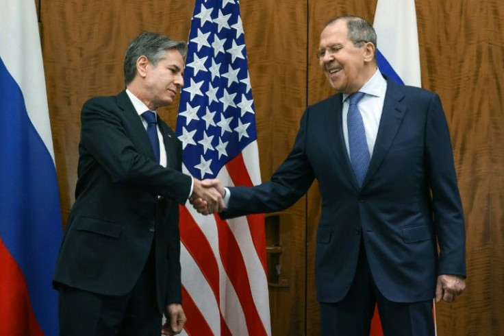 US Secretary of State Antony Blinken shakes hands with Russian counterpart  Sergei Lavrov on January 21, 2022 in Geneva