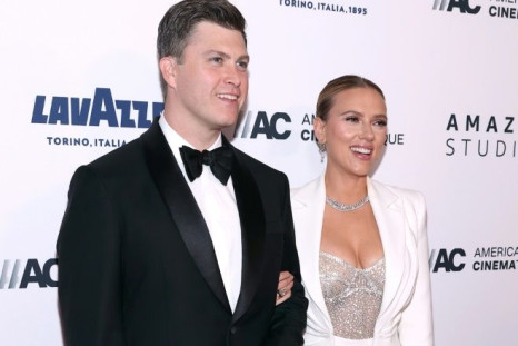 American comedian Colin Jost and his wife, the actress Scarlett Johansson, at a film festival in Beverly Hills on November 18, 2021