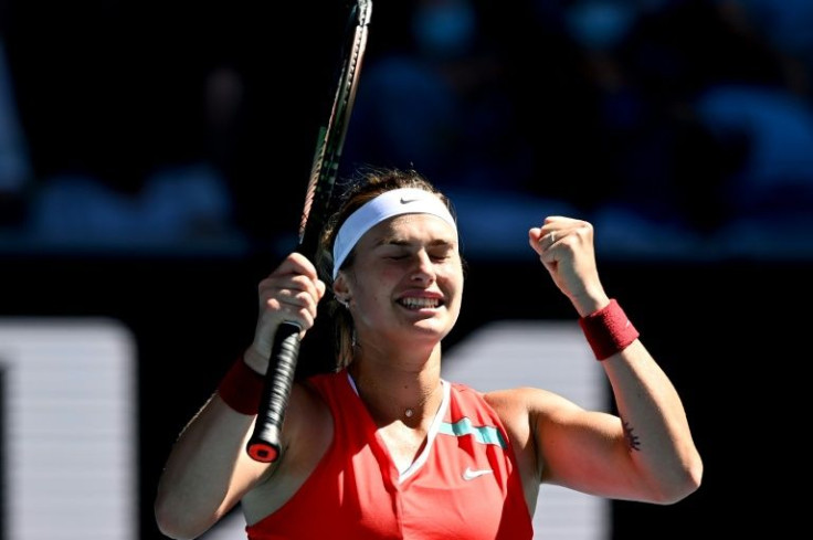 Aryna Sabalenka celebrates after coming through in three sets against Marketa Vondrousova