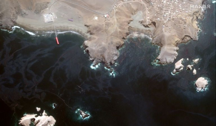 Oil slicks are seen near Bahia Blanca beach in Ventanilla, Peru on January 19, 2022 in a satellite image released by Maxar Technologies