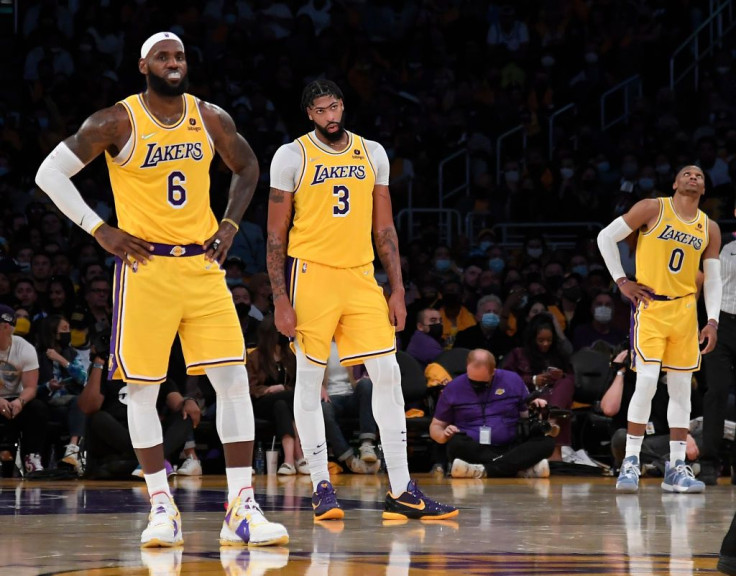 LeBron James #6, Anthony Davis #3 and Russell Westbrook #0 of the Los Angeles Lakers 