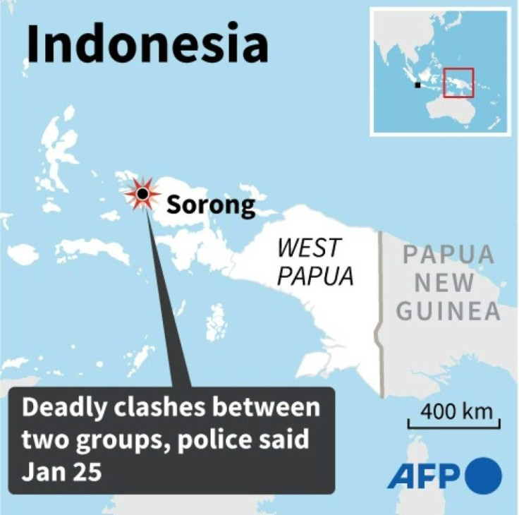 Map of Indonesia's West Papua region where at least 18 people were killed in clashes in the town of Sorong, police said on Tuesday.