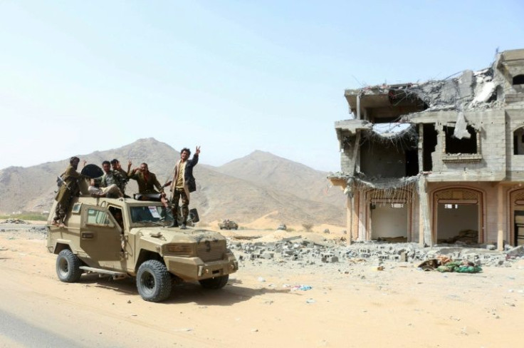 Fighters of the UAE-trained Giants Brigade patrol at the Harib junction, Bayhan district, in Yemen's Shabwa governorate, on January 19, 2022