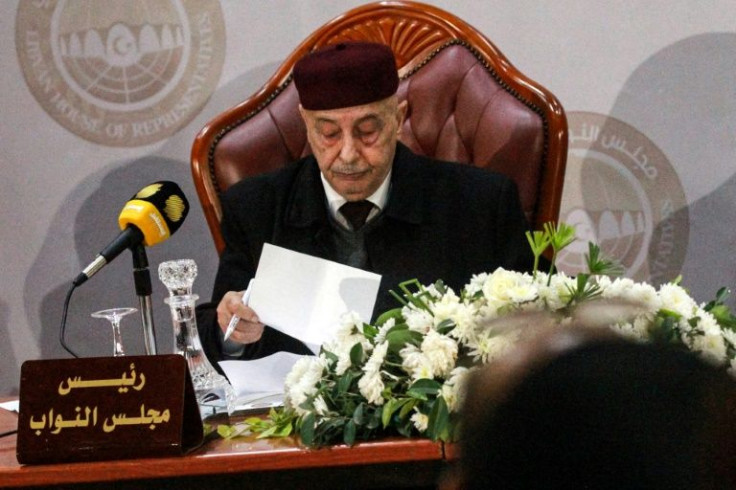 Aguila Saleh, pictured chairing a House of Representatives session on December 7, 2020, is a rival of interim Prime Minister Abdulhamid Dbeibah