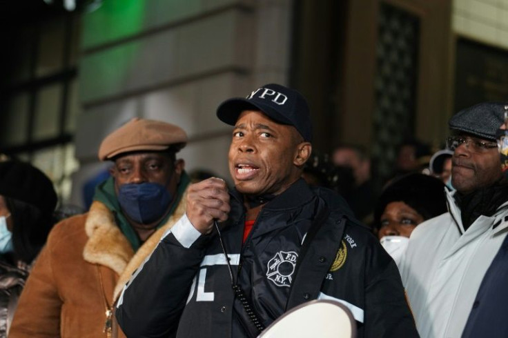 New York mayor Eric Adams speaks in Harlem on January 22 after an exchange of gunfire that has now claimed the lives of two police officers