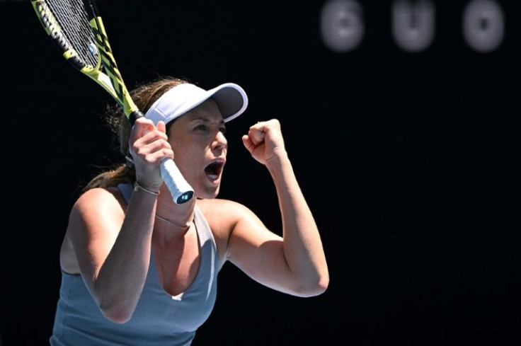 Danielle Collins reacts after  beating France's Alize Cornet