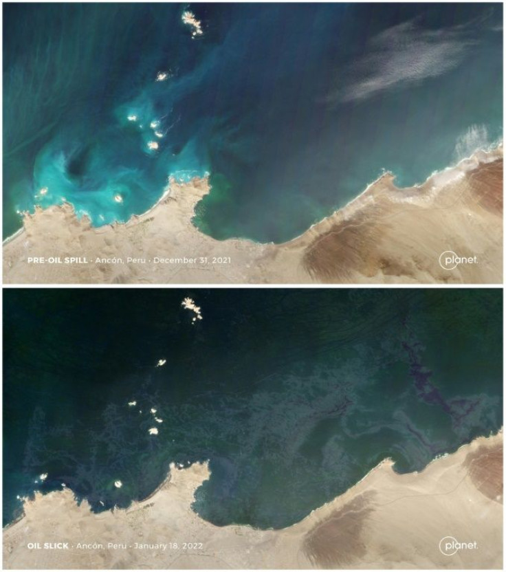 Comparative pictures of the shore at Ancon, Peru on December 31, 2021 (above) and on January 18, 2022 after the first spill