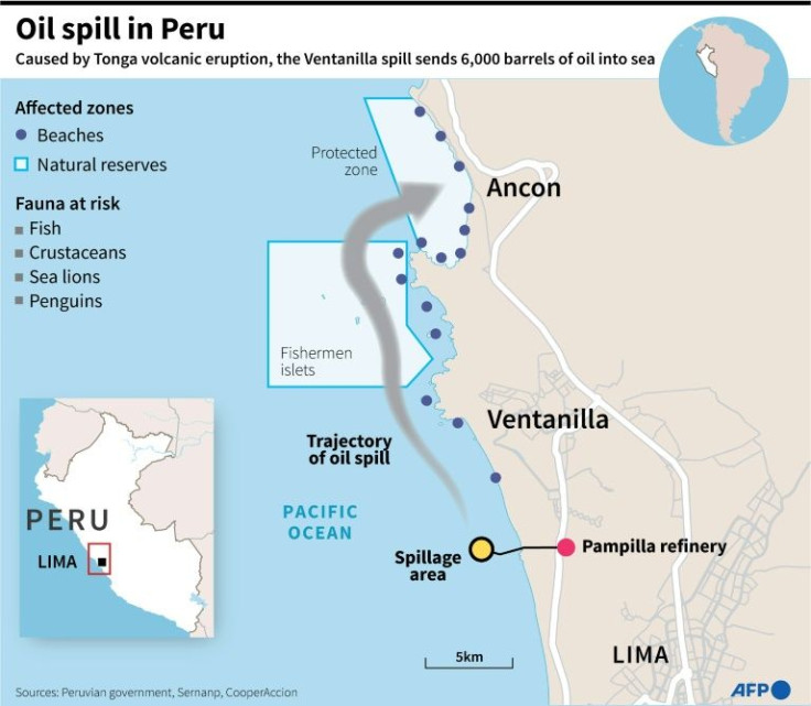 Map with details and showing impacted zones from the oil spill in Peru
