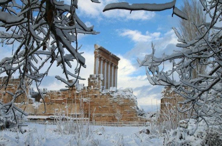 Snow covers the Roman historic site of Baalbek in Lebanon's eastern Bekaa Valley