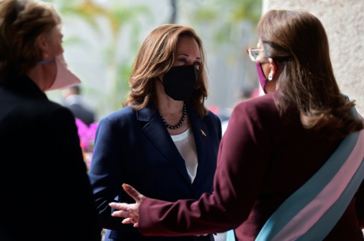 Honduras Presicent Xiomara Castro (R) meets US Vice President Kamala Harris at the presidential house