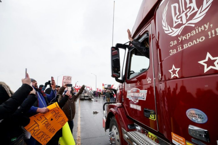 Canadian truck drivers protesting over a Covid-19 vaccine mandate in Toronto on January 27, 2022