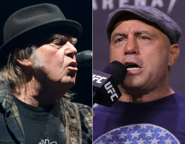 Neil Young (left) accused Spotify of "spreading fake information about vaccines -- potentially causing death", by putting out the podcast hosted by Joe Rogan (right)