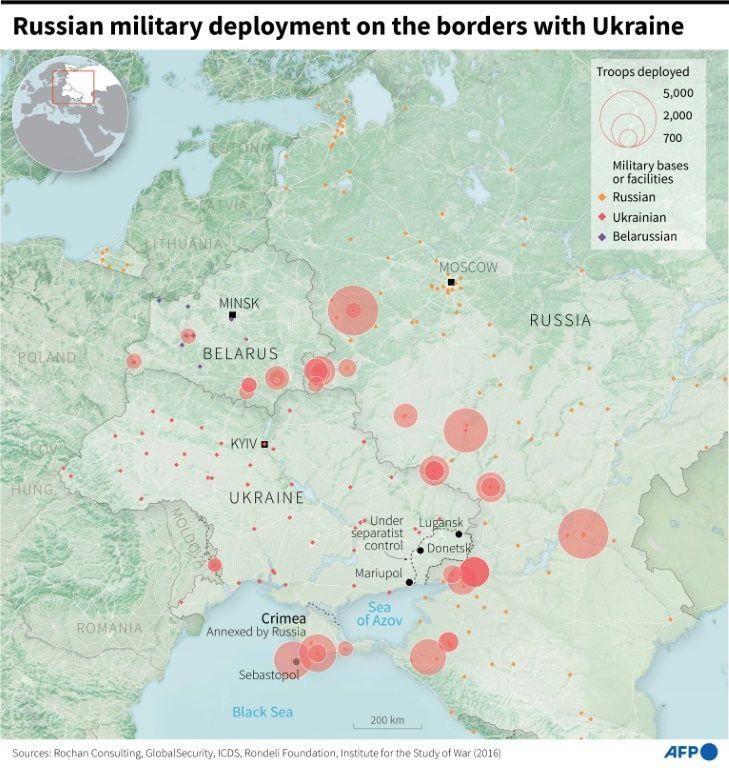 Map showing Russian troop deployments, military bases and installations on the borders with Ukraine