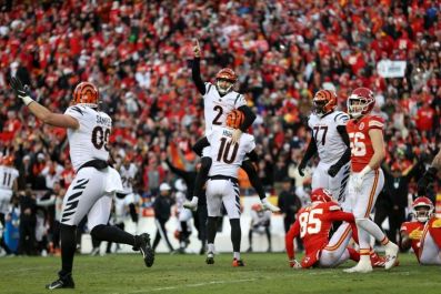 Evan McPherson celebrates after slotting the game-winning field goal in overtime as the Cincinnati Bengals upset the Kansas City Chiefs to reach the Super Bowl