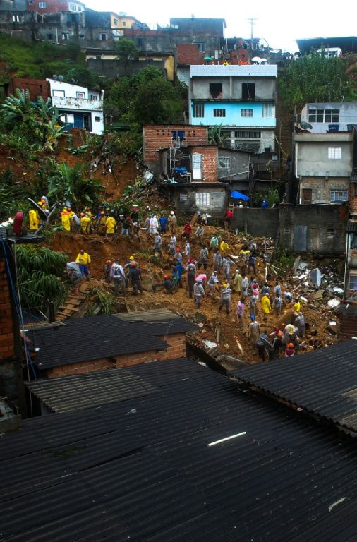Rescue workers in helmets and yellow uniforms shovel through the ruins left behind by a landslide in Franco da Rocha, Brazil