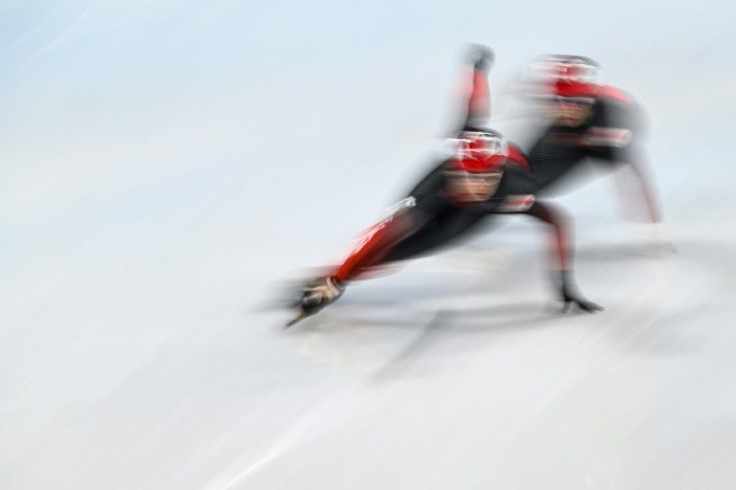 Canada's short track speed skaters take part in a training session in Beijing