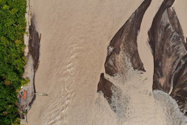 Aerial view showing the oil spill at the Coca river in Puerto Maderos village, Sucumbios province, Ecuador on February 1, 2022