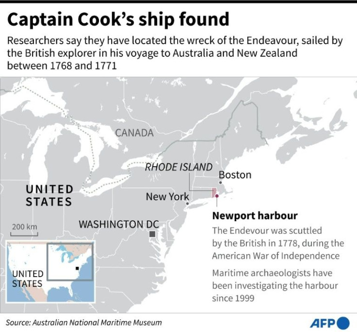 Map of north-east US showing the area where the wreck of Captain James Cook's famed vessel the Endeavour is believed to be found, according to Australian researchers on Thursday.