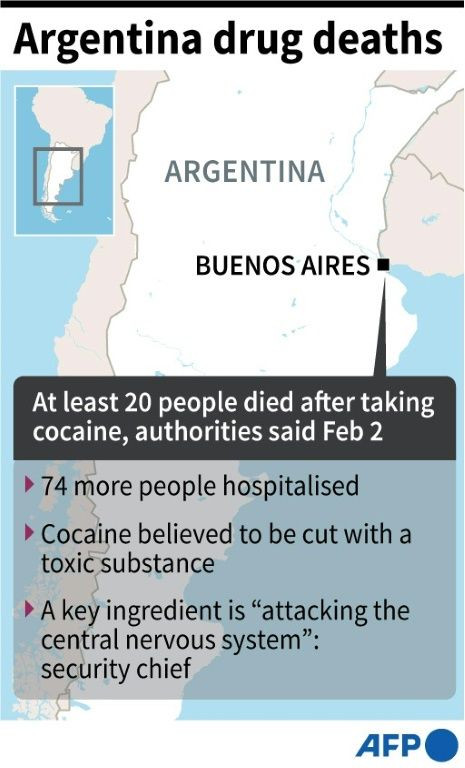 Map locating Buenos Aires in Argentina where at least 20 people died after consuming cocaine cut with a toxic substance, authorities said on Wednesday.