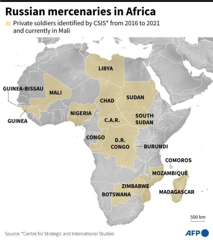 Map of Africa showing countries where Russian mercenaries have been identifed from 2016 to 2021