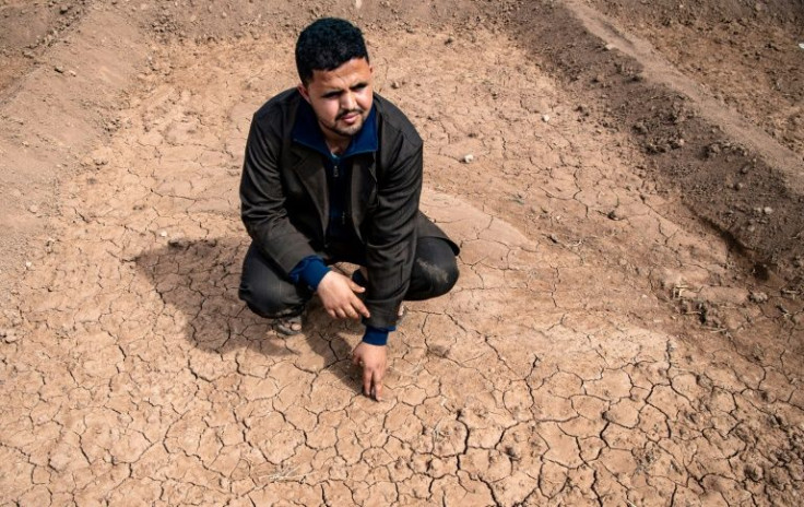 Wahid Aguertite, a farmer, touches the earth cracked by drought in October 2020, at an orange orchard on Morocco's southern plains of Agadir