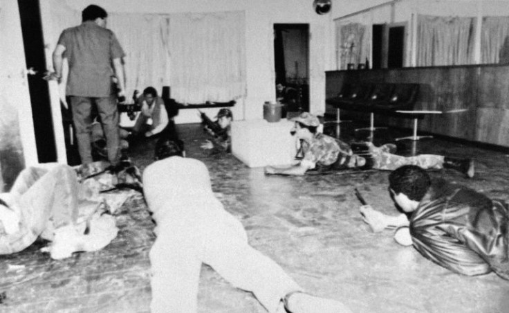 Soldiers and journalists inside Miraflores on the day of the coup attempt