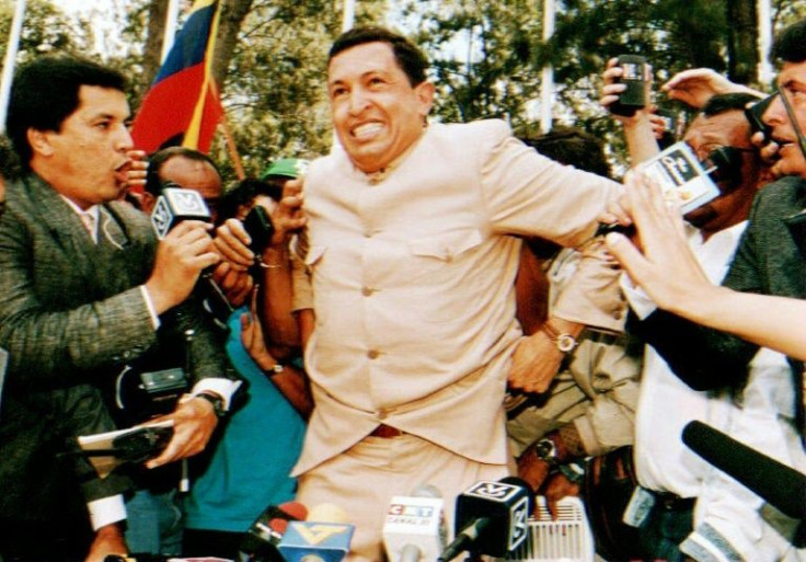Hugo Chavez addressing the media after he was freed from prison on March 25, 1994