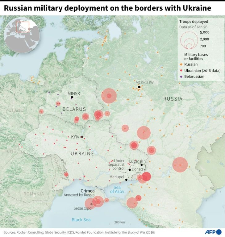 Map showing Russian troop deployments, bases and installations on the borders with Ukraine