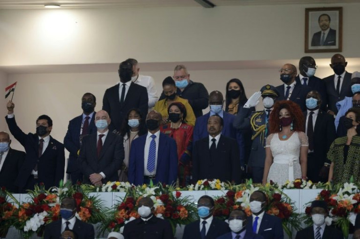 Cameroon's President Paul Biya (3R) and First Lady Chantal Biya attended the final along with FIFA chief Gianni Infantino (2L) and other dignitaries