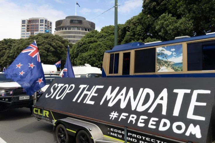 A convoy of trucks and campervans blocked streets near New Zealand's parliament in Wellington to protest against Covid restrictions and vaccinations