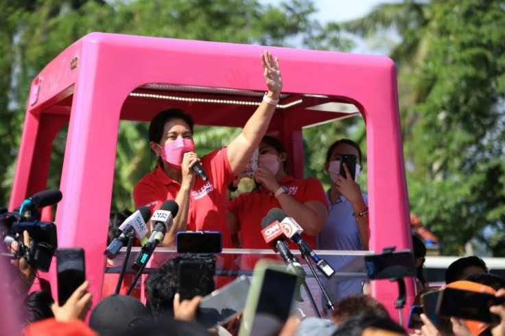 Philippine Vice President and opposition presidential candidate Leni Robredo speaks from a truck during a campaign rally in the town of Libamanan, Camarines Sur province