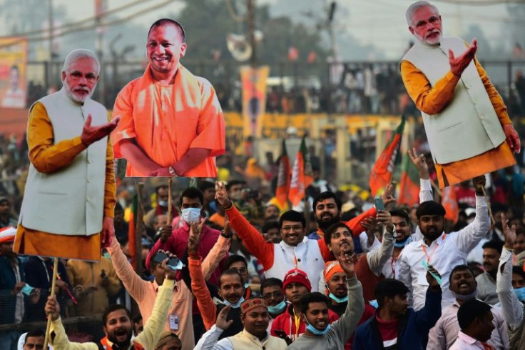 Supporters of India's Bharatiya Janata Party attend a rally being addressed by Yogi Adityanath in Uttar Pradesh