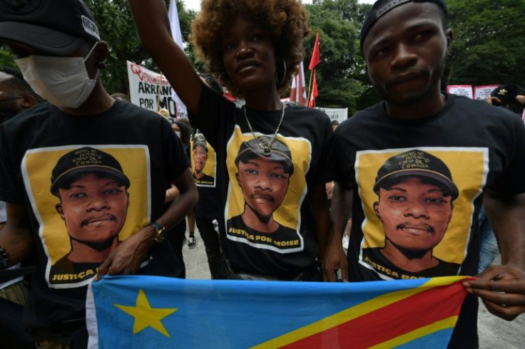 People protest against the killing of 24-year-old Congolese refugee Moise Kabagambe in Sao Paulo, Brazil, on February 5 2022