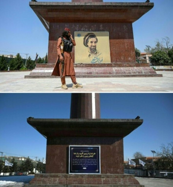 A Taliban fighter (top) standing next to a poster bearing the image of late Afghan commander Ahmad Shah Massoud in Kabul on August 16, 2021; and (bottom) the same view with the poster removed on January 23, 2022