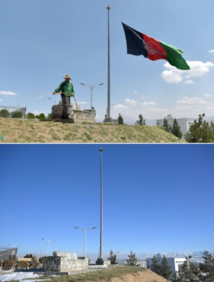 A worker (top) watering a lawn near an Afghan national flag flying at half-mast in Kabul on May 11, 2021; and (bottom) the same view with an empty flag pole on January 20, 2022, following the Taliban's takeover