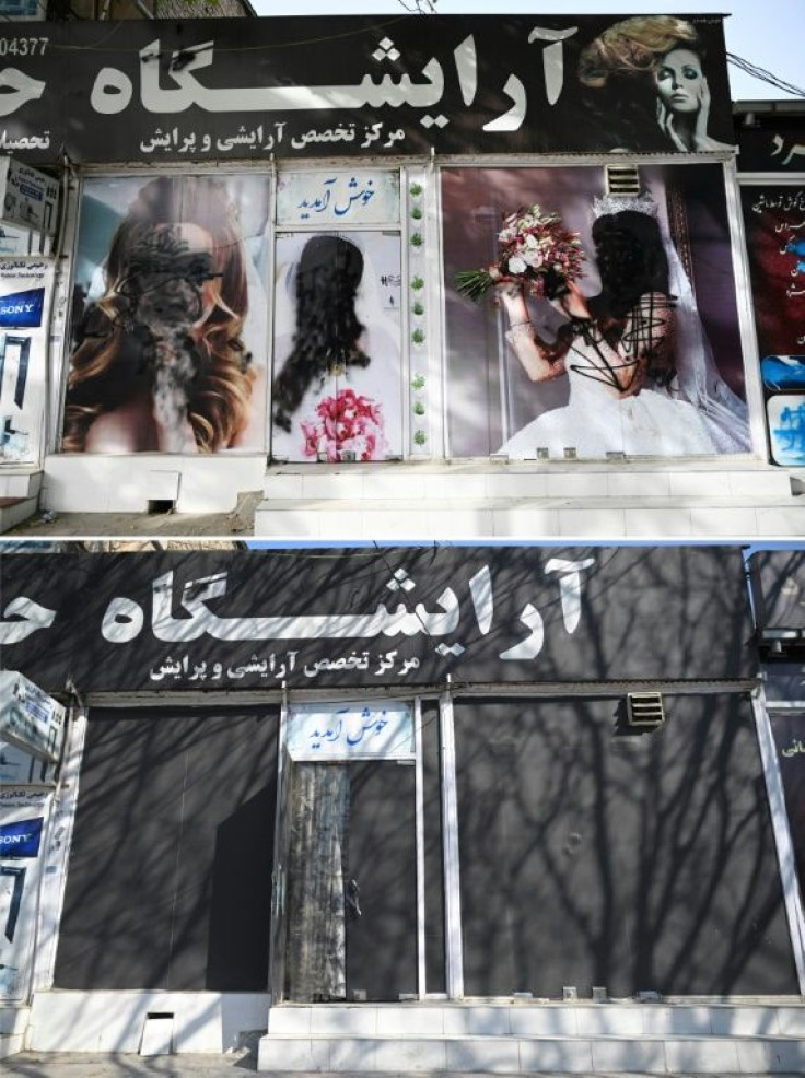 The facade of a beauty salon (top) with images of women defaced using spray paint in Kabul on August 18, 2021; and (bottom) the same view with the images removed on January 22, 2022
