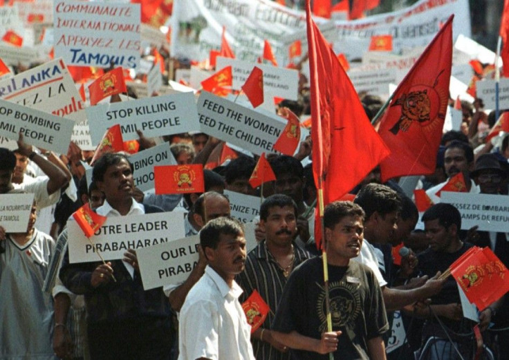 TAMIL DEMONSTRATORS SHOUT SLOGANS AGAINST SRI LANKA IN GENEVA.