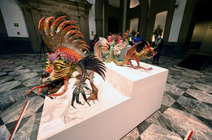 Sculptures created by Mexican artist Pedro Linares are seen on display at the Banamex Cultural Foundation in Mexico City