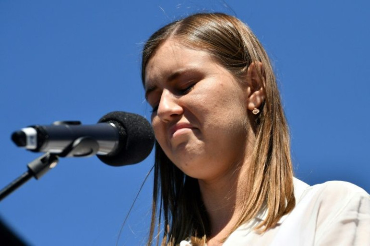 Former government staffer Brittany Higgins speaks at a rally against sexual violence and gender inequality in Australia's capital