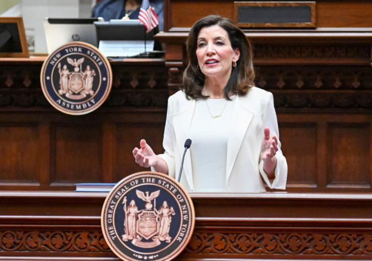 New York Gov. Kathy Hochul delivers her first State of the State address in the Assembly Chamber at the state Capitol, Wednesday, Jan. 5, 2022, in Albany, N.Y. Hans Pennink/Pool via 