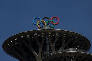 Olympic rings are pictured atop the Olympic Tower during the Beijing 2022 Winter Olympics, in Beijing, China February 7, 2022. 
