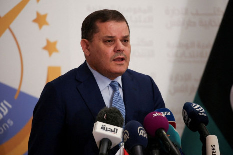 Libyan Prime Minister Abdulhamid al-Dbeibah speaks after submitting his candidacy papers for the upcoming presidential election at the headquarters of the electoral commission in Tripoli, Libya November 21, 2021. 