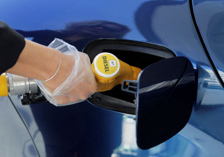 A diesel fuel nozzle with new European labels to standardise gasoline pumps in the EU zone is seen at a petrol station in Nice, France, October 12, 2018. 