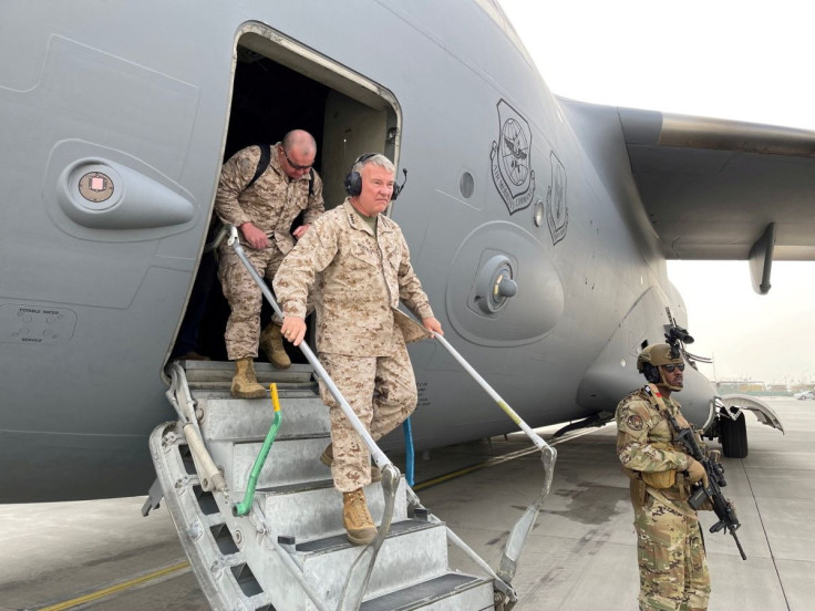 U.S. Marine Corps Gen. Frank McKenzie, the commander of U.S. Central Command, arrives at Hamid Karzai International Airport, in Kabul, Afghanistan, in this photo taken on August 17, 2021 and released by U.S. Navy on August 18, 2021. U.S NAVY/Central Comma