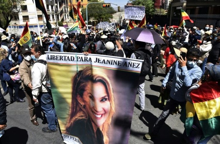 Protesters, pictured in August 2021, show their support for Bolivia's ex-interim president Jeanine Anez