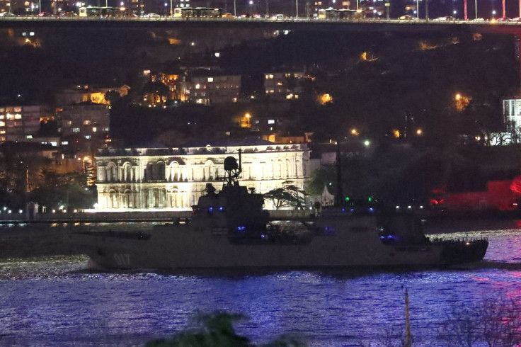 The Russian Navy's large landing ship Pyotr Morgunov sets sail in the Bosphorus, on its way to the Black Sea, in Istanbul, Turkey February 9, 2022.